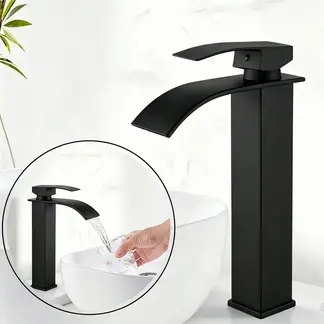 MOONCORE - Monomando Lavamanos Alto Cascada Negro Mate Con Flexibles