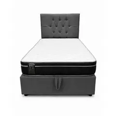 GENERICO - Cama 1 Plaza Capitone Gris Oscuro Baúl Multifuncional + Base + Respaldo + Colchon Excellence Plus