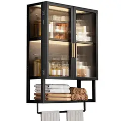 YOMYM - Estantería de baño Montaje en pared Puertas dobles negro 40×15×70cm