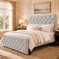 GENERICO - Cama King Capitone Gris Claro con Doble Respaldo Con Colchon Mery Desing Diseño Moderno y Máximo Confort