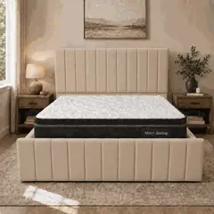 GENERICO - Cama King Turin Beige con Doble Respaldo Con Colchon Mery Desing Diseño Moderno y Máximo Confort
