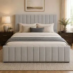 GENERICO - Cama King Turin Gris Claro con Doble Respaldo Con Colchon Mery Desing Diseño Moderno y Máximo Confort