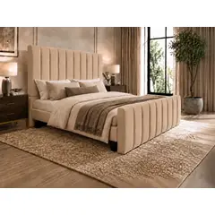 GENERICO - Cama King Turin Beige con Doble Respaldo Con Colchon Mery Desing Diseño Moderno y Máximo Confort