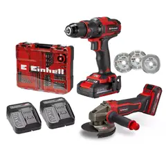 EINHELL - TALADRO PERCUTOR INALAMBRICO 18/40 + MALETA 64 ACC + ESMERIL INALAM + BATERIA (4.0 Y 2.0 AH) + 2 CARGADOR + 3 DISCOS