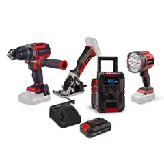EINHELL - TALADRO PERCUTOR PROFESSIONAL 18/70 + MINI SIERRA CIRCULAR + LAMPARA + RADIO + MALETA E-CASE + 2 STARTERKIT