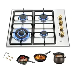 EVERSO - Cocina Encimera A Gas Placa Templado 4 Platos Acero Inoxida