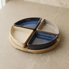 DECO EXPRESS - Set 4 Bowls Ceramica en Bandeja Bamboo Redonda 22 cm
