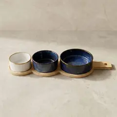 DECO EXPRESS - Set 3 Bowls Ceramica en 3 Tamanos con Bandeja Bamboo con Asa 35 cm