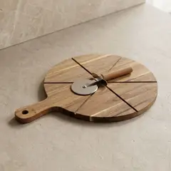 DECO EXPRESS - Tabla de Madera Acacia con Cortador de Pizza 42x32 cm