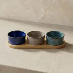 DECO EXPRESS - Set 3 Bowls Ceramica Redondos en Bandeja Bamboo 28 cm