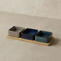 DECO EXPRESS - Set 3 Bowls Ceramica Cuadrados en Bandeja Bamboo 28 cm