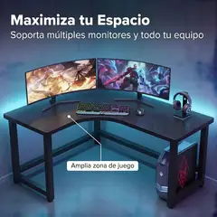 IDEEHOUSE - Escritorio Mesa Gamer Negro Estructura Metálica Forma L 100x140x60x75cm