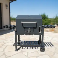 IGPRO - Parrilla Carbón Tapa y Ruedas + Termómetro + 2 bandejas laterales