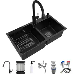 GENERICO - Lavaplatos Doble Inoxidable Negro 78x43cm+ Llave+ Accesorios