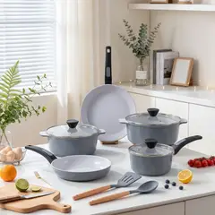 RHOMIE - Batería de Cocina Cerámica Antiadherente 10 Piezas de Aluminio Fundido Base 4 mm Gris