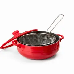 RHOMIE - Olla Freidora Antiadherente de Cerámica 5.3L con Canastillo y Tapa de Vidrio 26cm Rojo