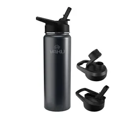 YAKU - Termo Botella Térmica 700ml Acero Inoxidable Black + 2 Tapas Intercambiables