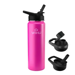 YAKU - Termo Botella Térmica 700ml Acero Inoxidable Fuchsia + 2 Tapas Intercambiables