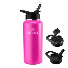 YAKU - Termo Botella Térmica 1000ml Acero Inoxidable Fuchsia + 2 Tapas Intercambiables