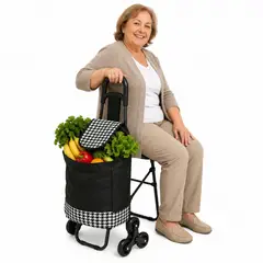 GENERICO - Carro De Compras Con Asiento - 60L y Ruedas Sube Escalera / 60 L