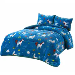 GENERICO - Cobertor Acolchado Unicornio Azul 2.5 Plazas con 2 Fundas de Almohada