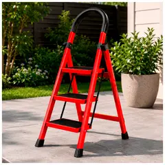 IRM - Escalera De Tijera Metálica Roja 3 Peldaños Plegable Hogar