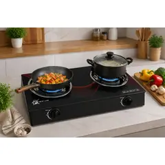 NEW LINE - Cocina A Gas Con 2 Platos Vidrio Templado Marca Color Negro