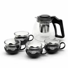 GENERICO - Set de té de vidrio 5 piezas 1 jarra + 4 tazas, jarra infusor con filtro de acero inoxidable
