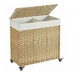 BIANCA HOME - Canasto Carrito Lavandería Para Ropa Bambu + Ruedas Plegable