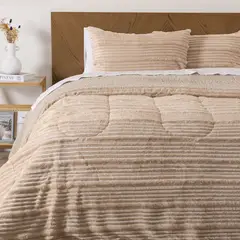 MASHINI - CUBRECAMA PLUMON CORDUROY CORAL MICROFIBRA CON SHERPA BEIGE 3 PLAZAS SUPER KING