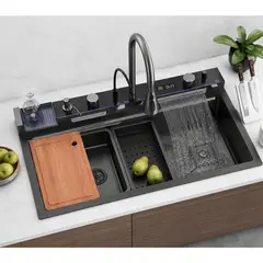 GREENPRO - Lavaplato Empotrado Cascada Acero Inoxidable 304 Lavavaso Pantalla LED Fregadero Inteligente 75x46x22 CM