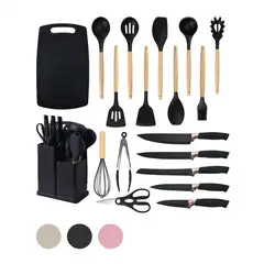 IRM - Set Utensilios Cocina Silicona Cuchillos Soporte Mango Madera Antiadherente