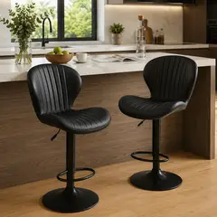 CASA BELLA - Pack 2 Piso Bar Taburete Ecocuero Respaldo Giratorio Negro Shell