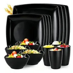 GENERICO - Kit 16pzs Juego De Vajilla De Paja De Trigo Reutilizables Negro