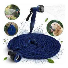 IRM - Manguera Retractil Expandible 45 Metros 150 Ft Azul Con Pistola Presion Riego Jardin RyL Group