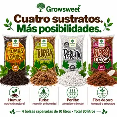 GROW SWEET - Pack Sustratos 80L Turba Rubia, Humus, Perlita, Fibra de Coco