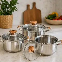 GENERICO - Set Ollas Acero 6 Piezas Tapas Vidrio Cocina Hogar Durable