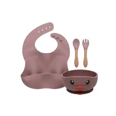BABYMINE - Set De Alimentación Silicona Bebé 4 Piezas Silicona BPA Free Ventosa Rosado