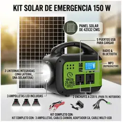 MOVI - Kit Solar de Emergencia Portátil con Panel Solar, BT, Radio FM y 3 Ampolletas LED, conexión 220v