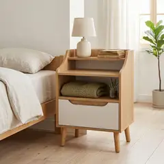 GENERICO - Velador Nórdico de Madera y Blanco 3 Niveles con Cajón y Repisas para Dormitorio 40x30x55cm