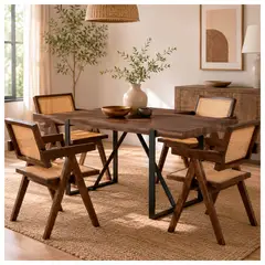 NOVAHUS - Comedor Chandigarh Mesa 75x80x140 cm 4 Sillas Madera Ratán Café