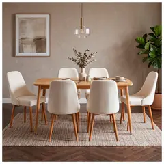 NOVAHUS - Comedor Aura Mesa 75x80x160 cm 6 Sillas Madera Tapizadas Beige