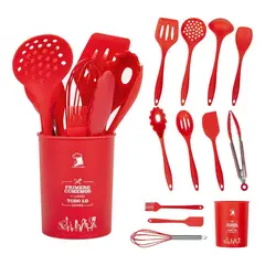 GENERICO - Set de 12 Utensilios de Cocina de Silicona Rojo