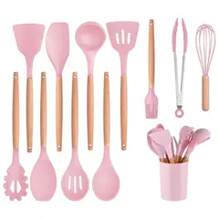 GENERICO - Set de 12 Utensilios de Cocina de Silicona Rosa
