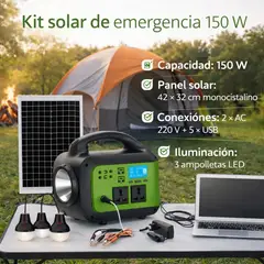 MOVI - KIT SOLAR DE EMERGENCIA 150 W, CON PANEL SOLAR DE 42X32 CMS, 3 AMPOLLETAS, RADIO, BLUETOOTH,