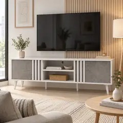SPACE HOME - Centro de TV Lux 180 cm Blanco y Gris con Puertas Laterales Estilo Moderno
