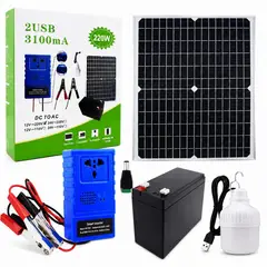 ACTUAL - Kit Emergencia Energía Solar Portátil Panel 20W Inversor 220W Batería 12V 7Ah 2 USB Enchufe Universal y Ampolleta LED