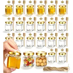 TSKY CHILE SHOPPING - Set 20 Frascos Hexagonales de Vidrio 45ml Tapa Hermética Dorada + Accesorios para Miel