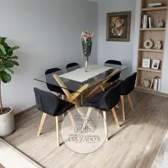 GENERICO - JUEGO COMEDOR MESA 140X90 + 4 SILLAS FELPA FIORI BEIGE