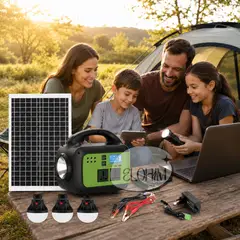 MOVI - KIT SOLAR DE EMERGENCIA 150 W: PANEL SOLAR, 3 AMPOLLETAS, RADIO,BLUETOOTH, MP3, 2 LINTERNAS.